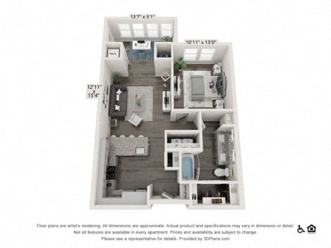 Floor plan for 1 bed, 1 bath, 843 sqft